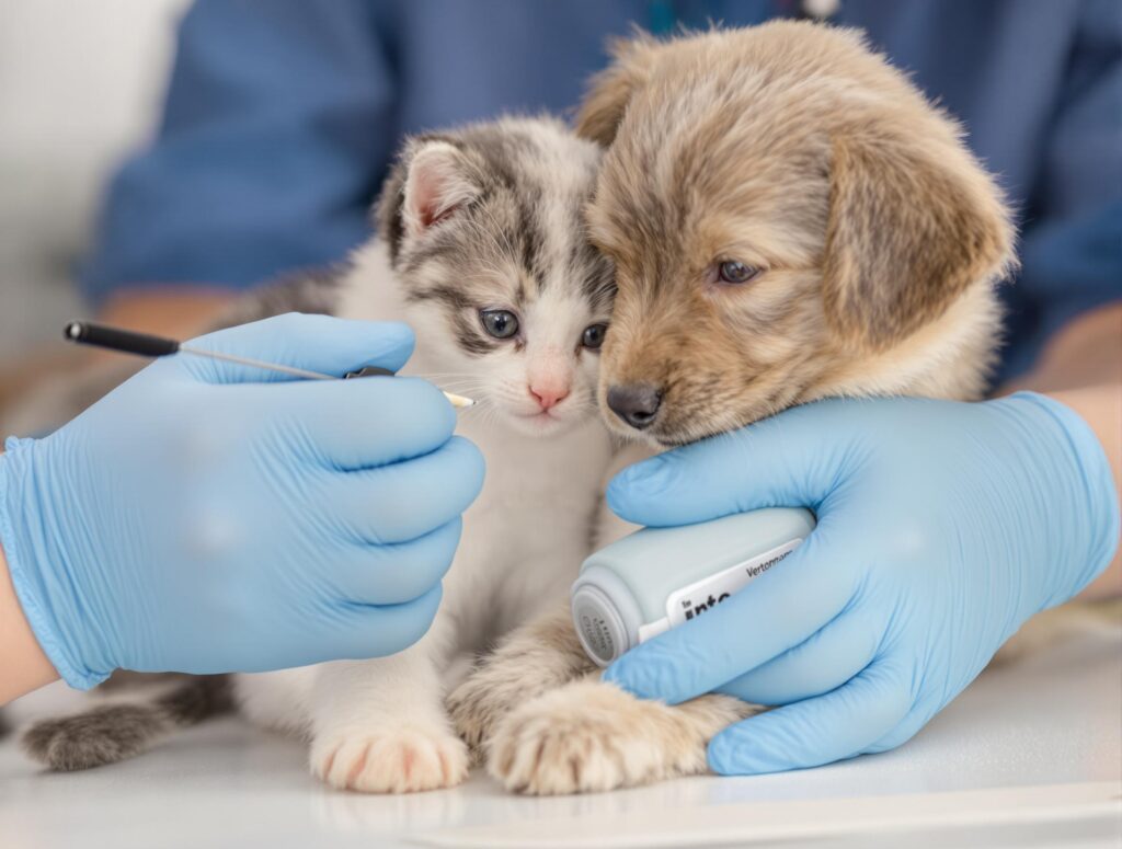 Veterinarian applying heartworm prevention to a kitten and puppy with compassionate care.