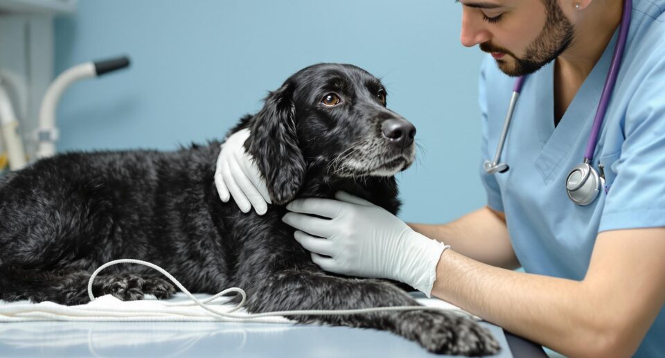 Veterinarian in blue scrubs performs a careful examination of a black senior dog, demonstrating the importance of regular checkups for early detection of heartworm disease.