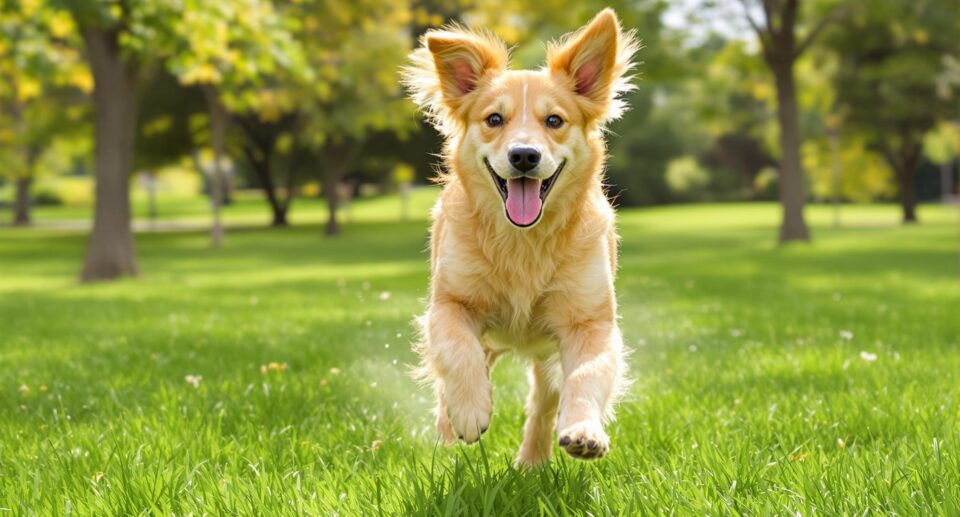 Energetic mixed-breed dog running in a park, illustrating symptoms of heartworms in dogs.