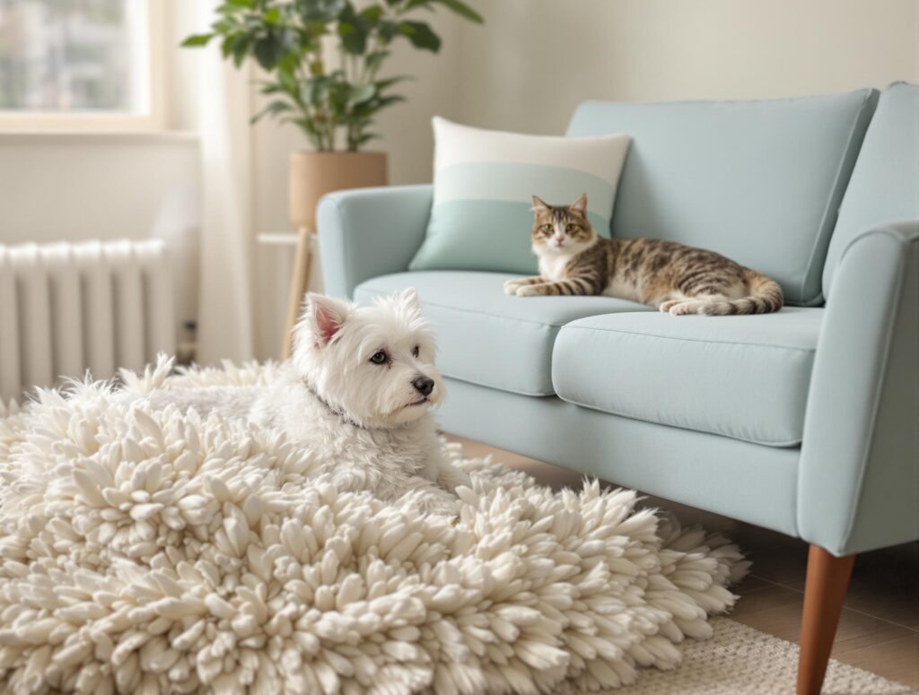 A fluffy mixed-breed dog and a tabby cat relax together in a serene, cozy room, embodying harmony among pets.