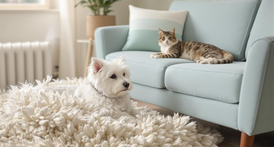 A fluffy mixed-breed dog and a tabby cat relax together in a serene, cozy room, embodying harmony among pets.