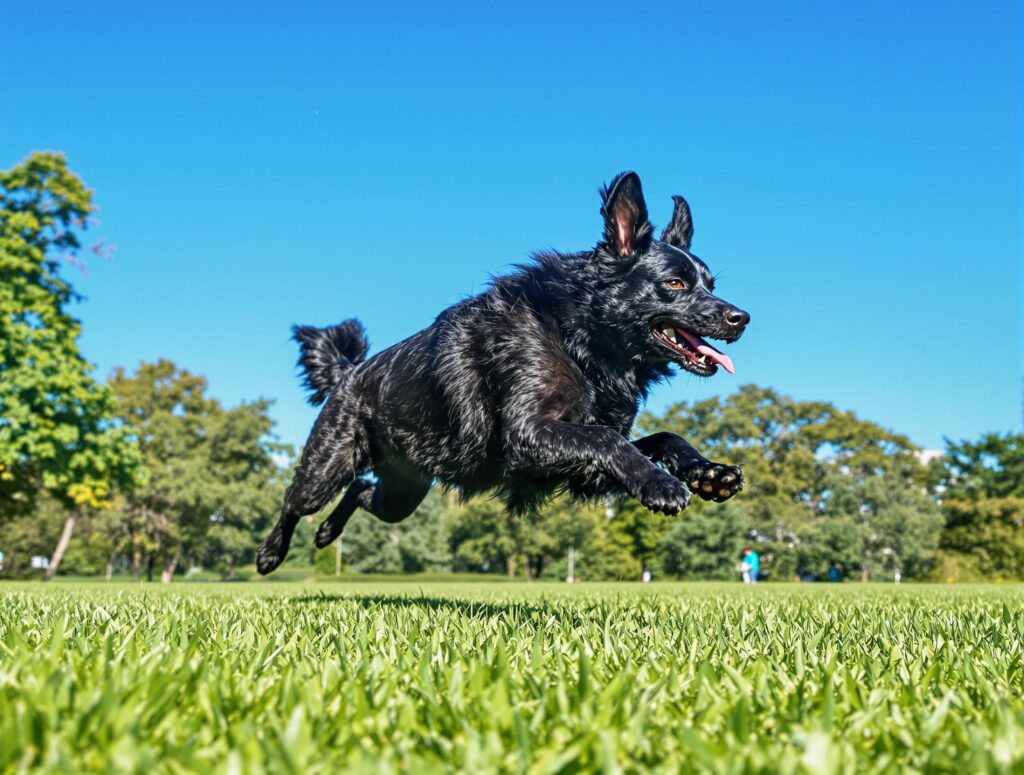 Black Labrador mix running energetically through a green meadow
