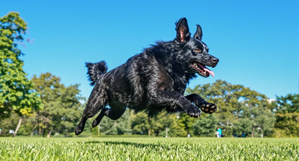 Black Labrador mix running energetically through a green meadow