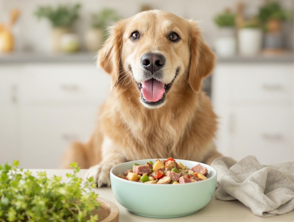 Joyful golden retriever eating high-quality dog food with fresh ingredients in a bright kitchen.