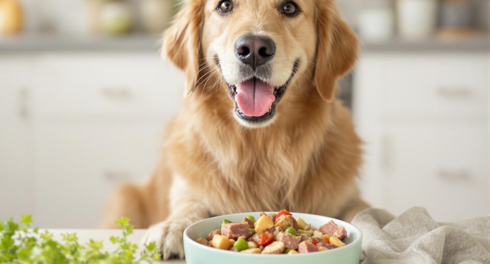 Joyful golden retriever eating high-quality dog food with fresh ingredients in a bright kitchen.