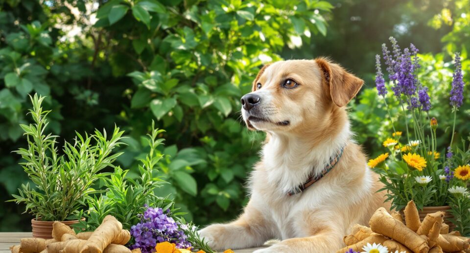 A well-groomed dog in a natural setting surrounded by herbal ingredients, showcasing a holistic approach to dog allergies.