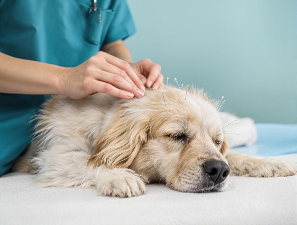A veterinarian in teal scrubs applies acupuncture needles to a relaxed dog on an examination table, illustrating holistic pain management for dogs.