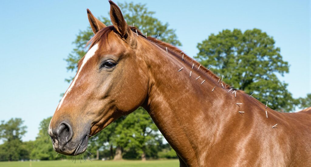 Chestnut thoroughbred horse receiving professional equine acupuncture in a green pasture with blue sky.
