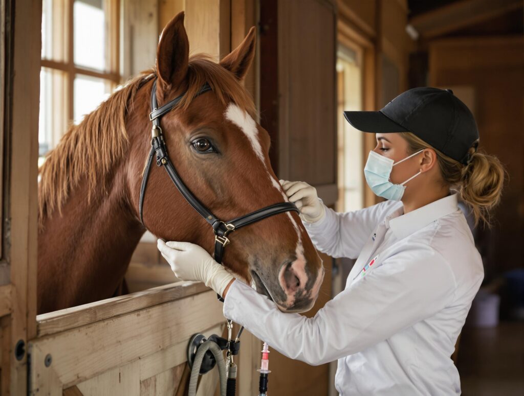 A horse owner administers a deworming syringe to a chestnut horse in a stable, showing professional equine care.