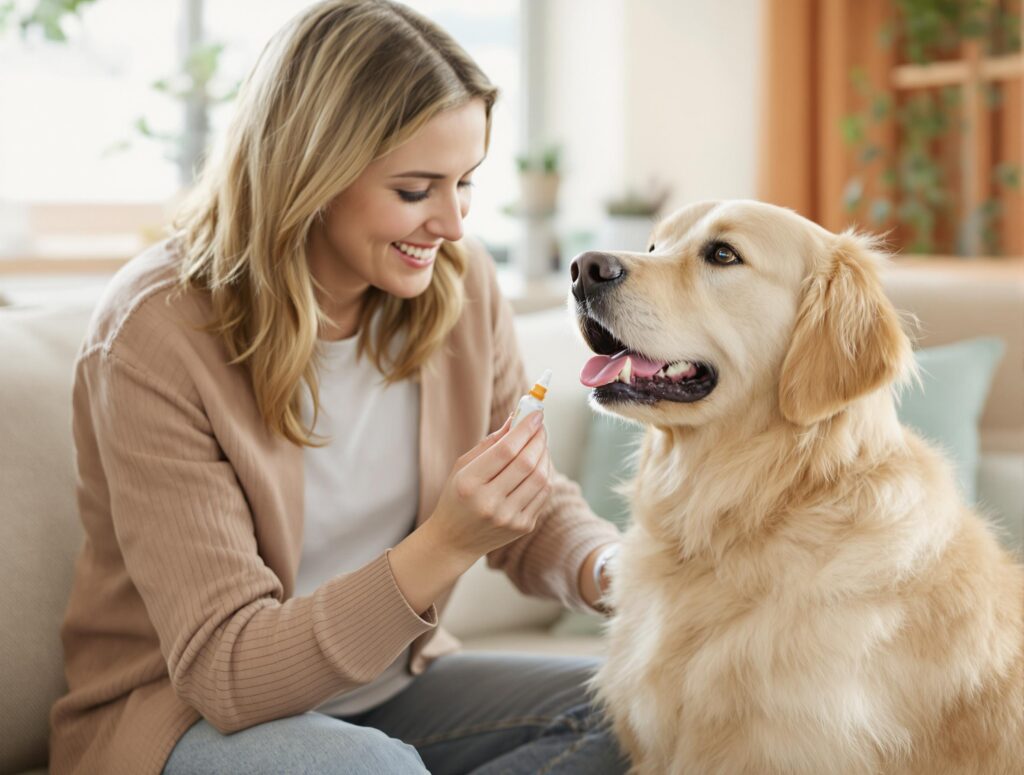 Pet owner administering medication to golden retriever in living room, emphasizing pet care and bond, related to horse feed supplements.