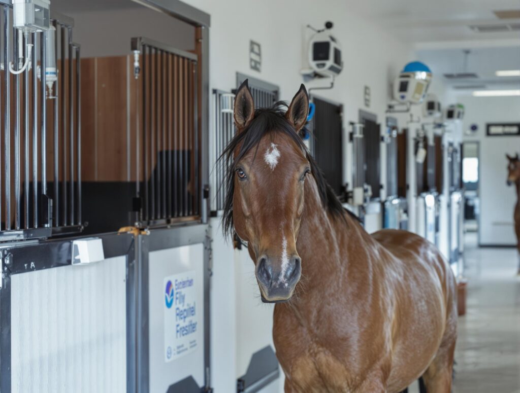 Majestic bay horse in a well-lit stable with fly control systems, illustrating effective horse fly control tips.