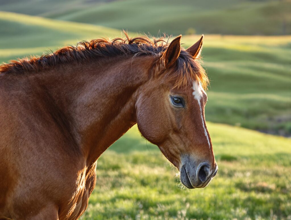 Young bay horse grazing in a pasture during golden hour, relevant to horse joint supplements.