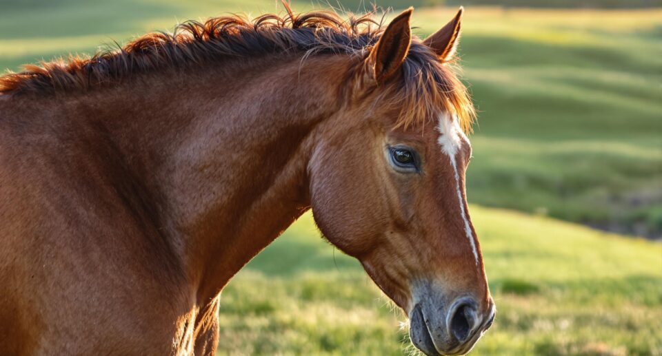 Young bay horse grazing in a pasture during golden hour, relevant to horse joint supplements.