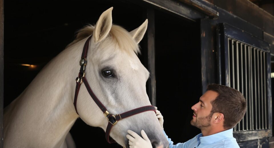 A veterinarian in a blue jacket examines a horse's nostrils in a stable, highlighting professional care for nosebleeds in horses.