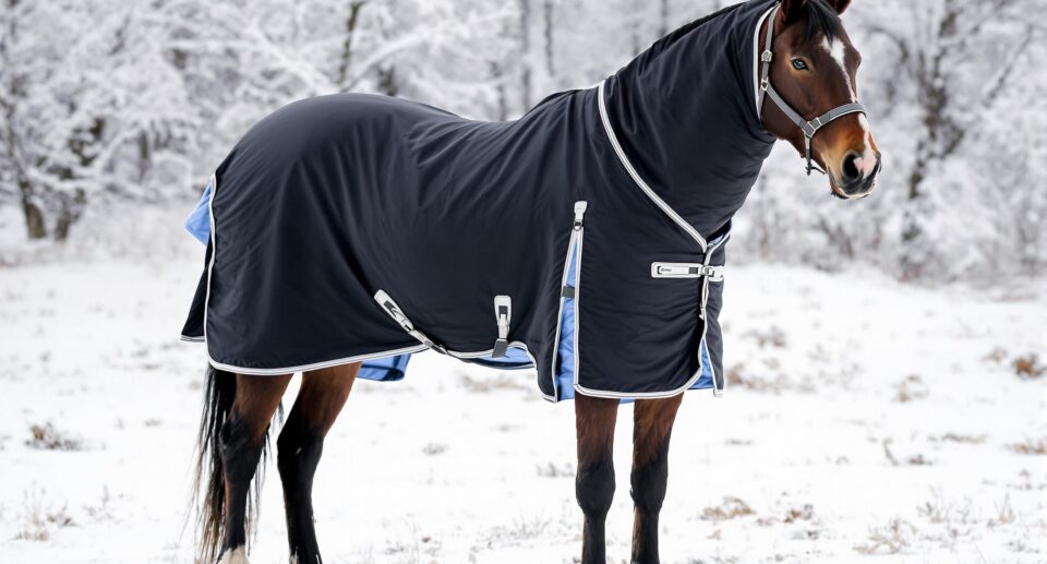 Majestic horse in a winter landscape wearing a black blanket, illustrating prevention of blanket sores.