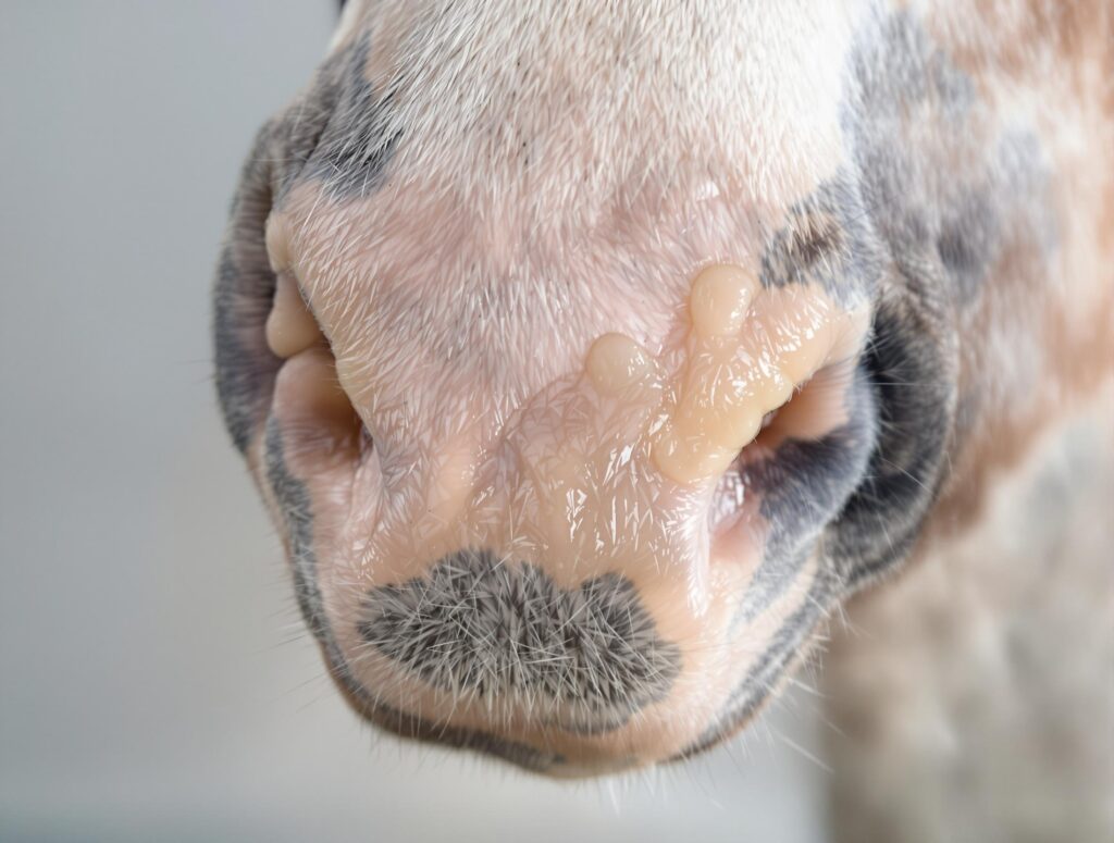 Close-up of a horse's nostril with clear nasal discharge, emphasizing veterinary diagnostic detail.