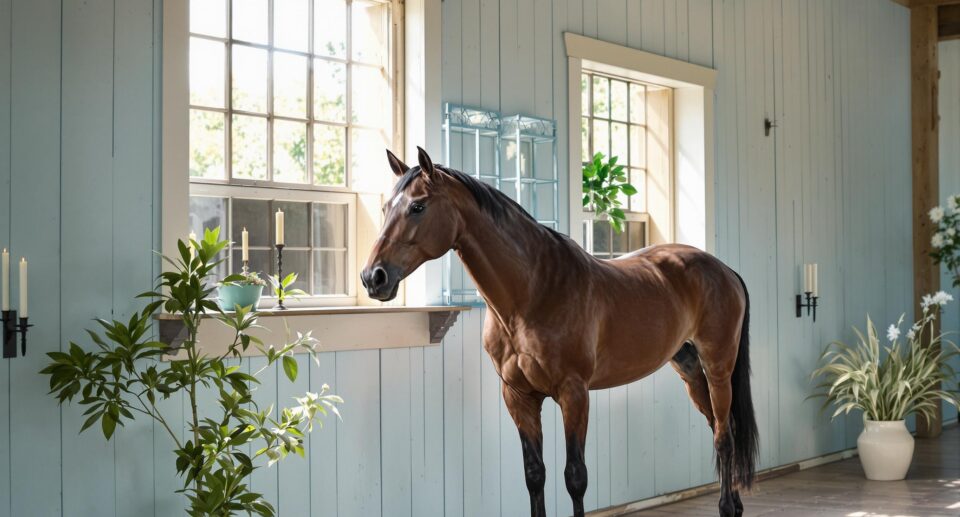 A majestic horse stands in a rustic stable surrounded by mint green plants and citronella candles to keep it safe from bees and wasps.