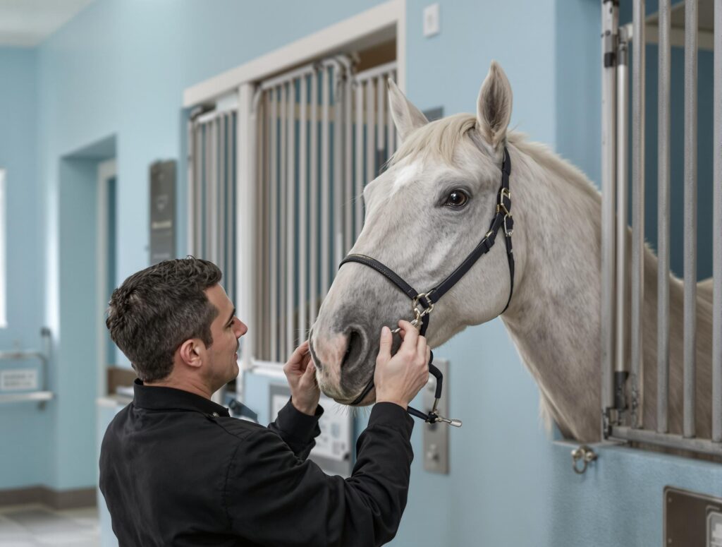 Veterinarian examining a horse's teeth in a stable for health check.