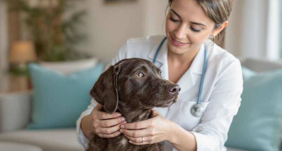 A veterinarian checks a dog's fur for hot spots in a calm setting, emphasizing pet care and compassion.