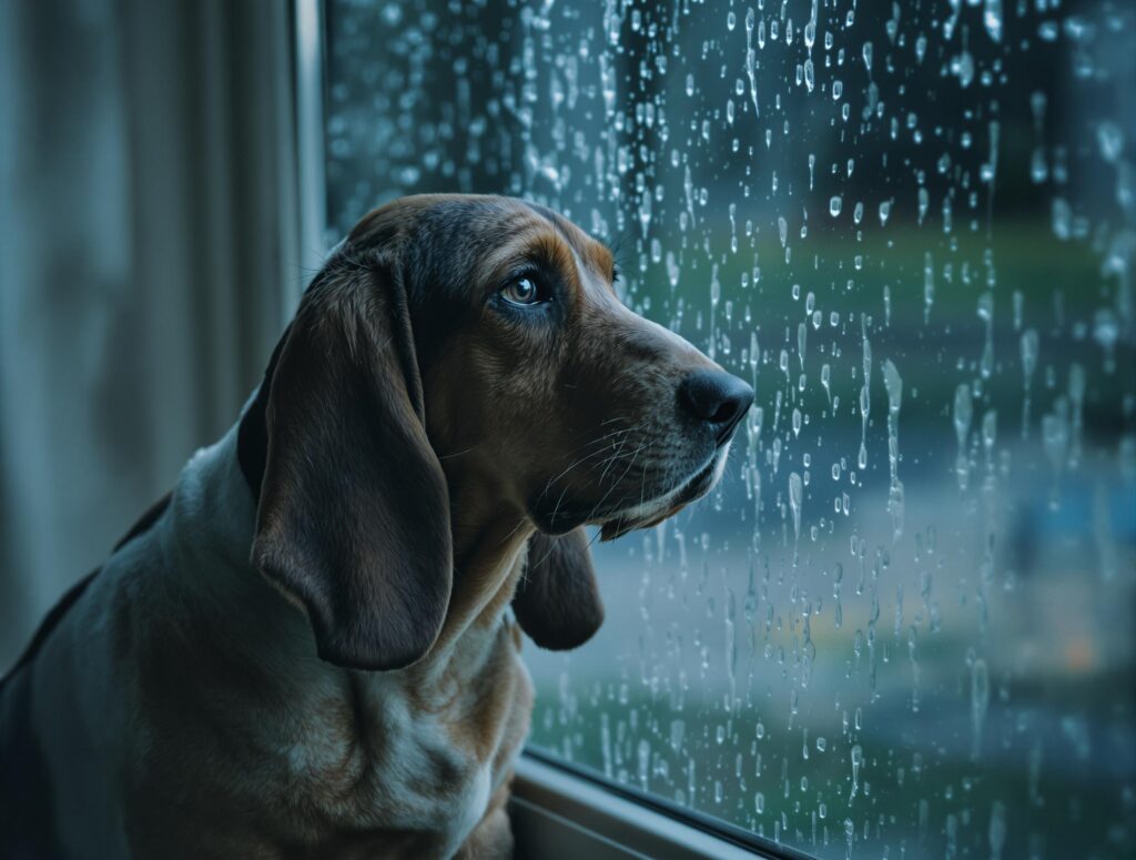 A sad-looking hound dog looking out the window as it pours rain outside