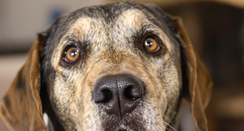 Close-up of a Coonhound's alert eyes and gentle expression, ready for eye drop administration.