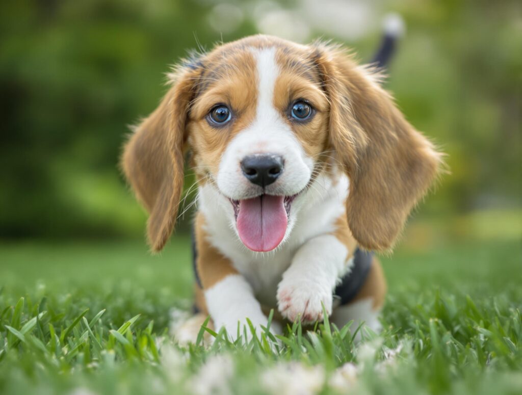 a happy beagle puppy runs in grass