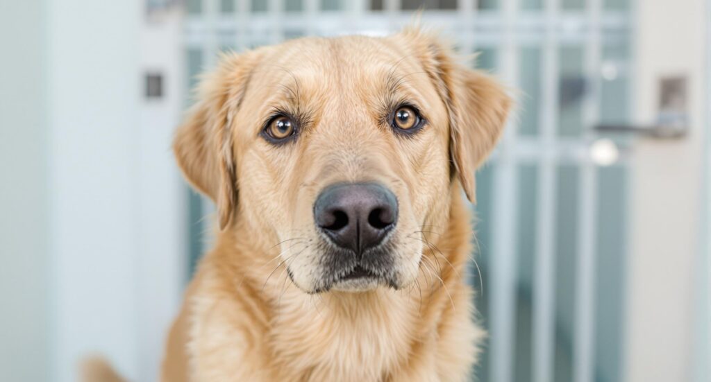 Handsome shelter dog poses for his adoption photo, showcasing how volunteers help animals find forever homes.