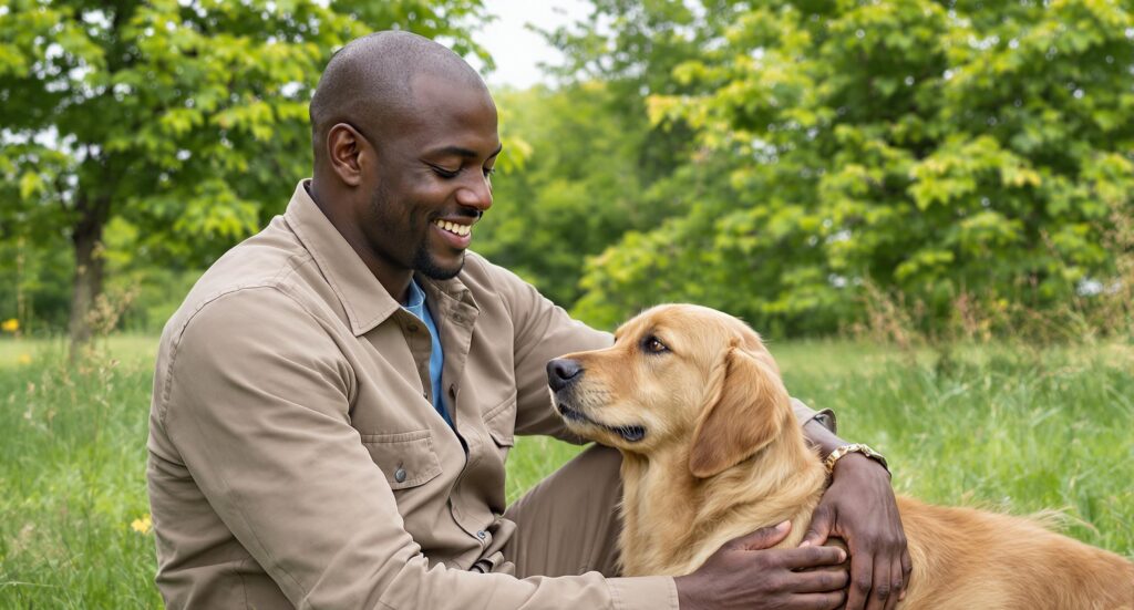A professional dog sitter bonds with a Golden Retriever client during an outdoor meet-and-greet session.
