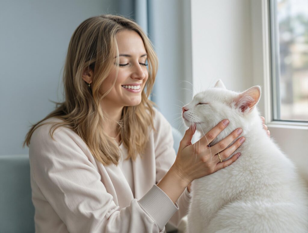 A person gently petting a relaxed white cat, illustrating how to pet a cat.