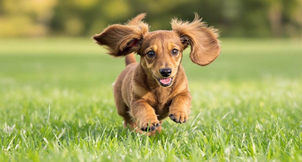 Energetic puppy with flying ears bounds across a sunny lawn, demonstrating the positive effects of play on canine mental health.