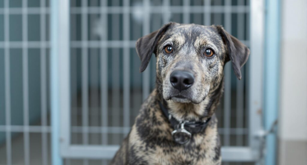 A senior mixed-breed dog with mottled fur sits in a clinical setting, where fungal skin conditions are diagnosed