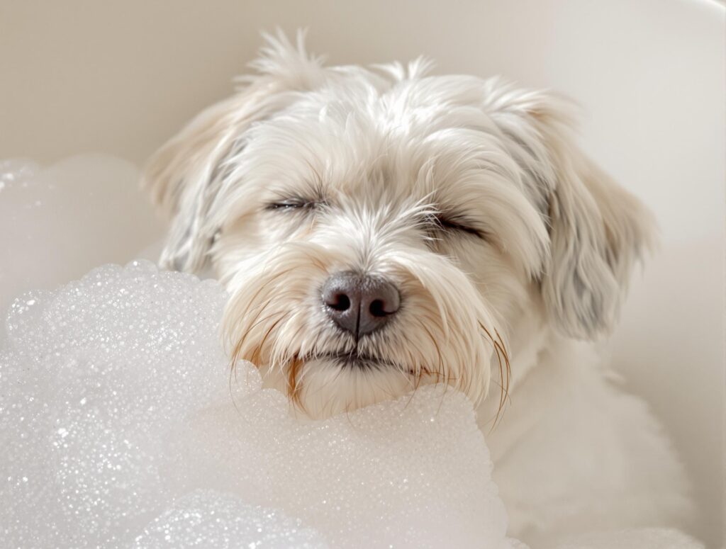 A white dog has its eyes closed in a bubble bath