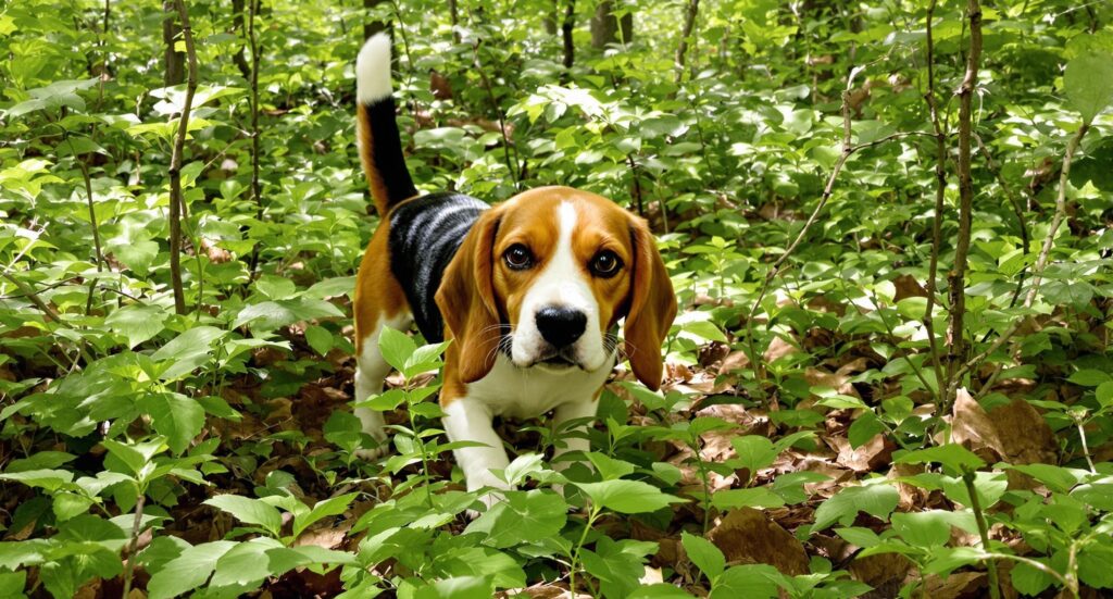 A Beagle among green foliage demonstrates how outdoor adventures can lead to unwanted flea encounters.