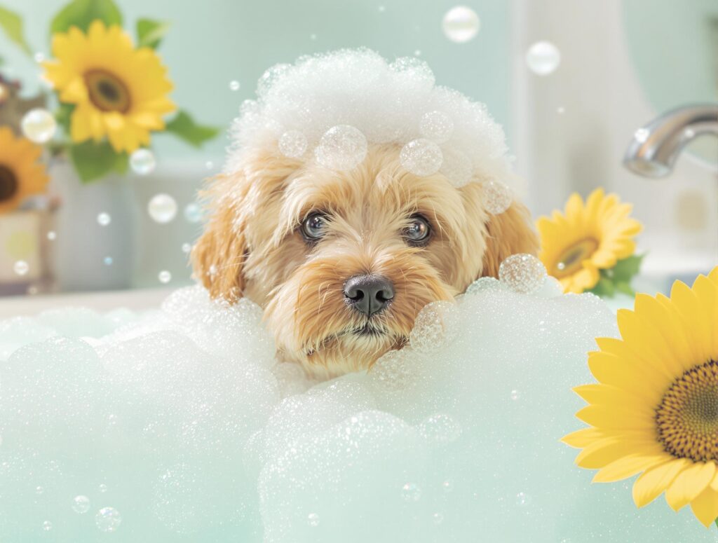 A well-groomed dog enjoying a hydrating bath with HyLyt, surrounded by pastel bubbles in a clean bathroom.