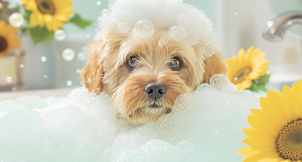 A well-groomed dog enjoying a hydrating bath with HyLyt, surrounded by pastel bubbles in a clean bathroom.