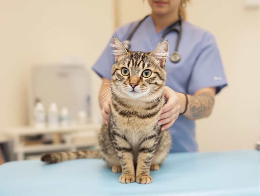 A calm tabby cat during a veterinary examination for hyperthyroidism treatment.