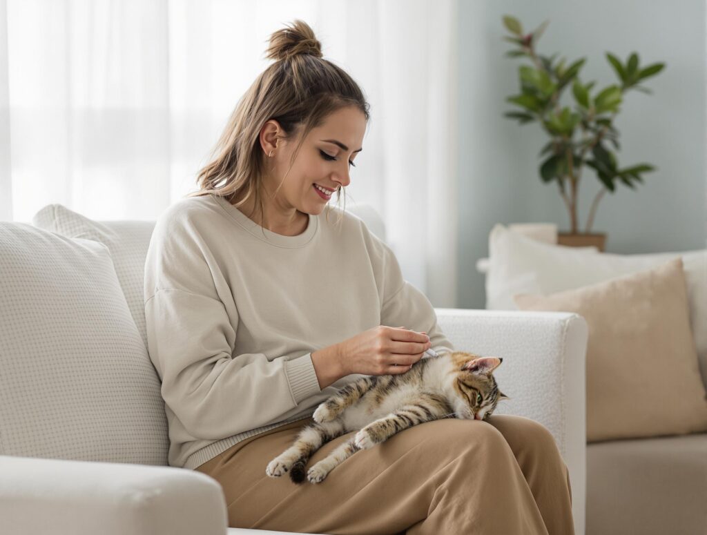 A pet owner gently applies ear medication to a relaxed tabby cat, illustrating hyperthyroidism care in cats.