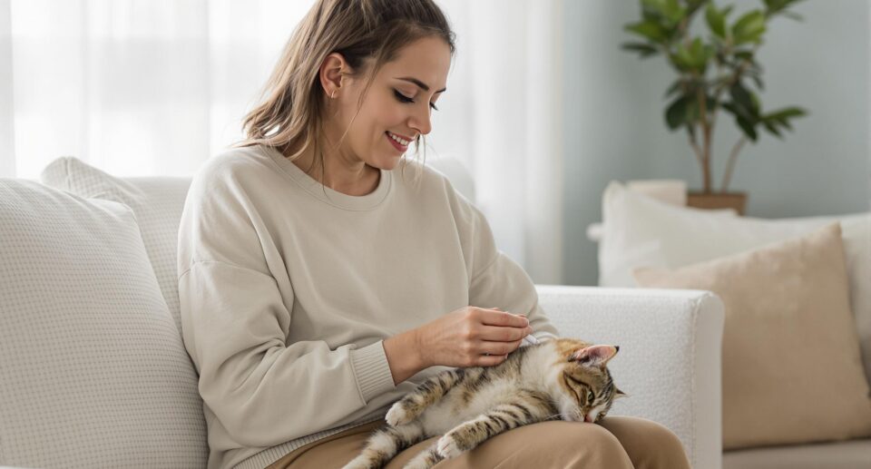 A pet owner gently applies ear medication to a relaxed tabby cat, illustrating hyperthyroidism care in cats.