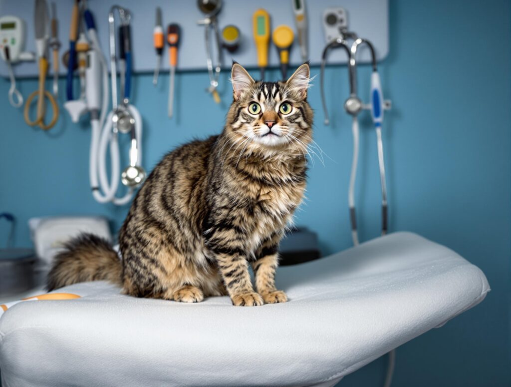 A scruffy tabby cat with tense expression on a veterinary exam table, related to hyperthyroidism symptoms in cats.