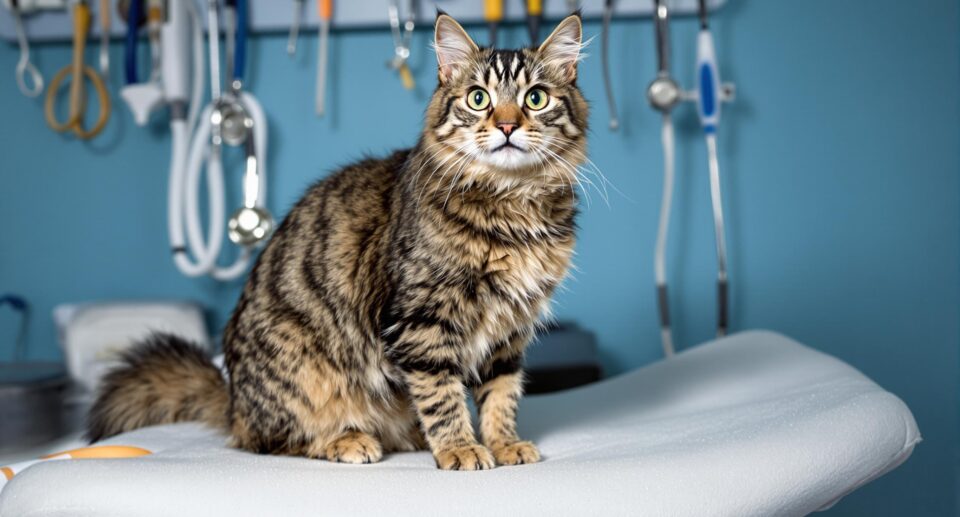 A scruffy tabby cat with tense expression on a veterinary exam table, related to hyperthyroidism symptoms in cats.