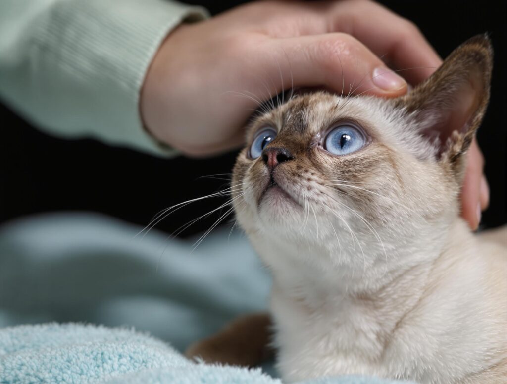 A delicate Siamese cat with blue-point coloration being gently stroked, illustrating hypoglycemia care for cats.