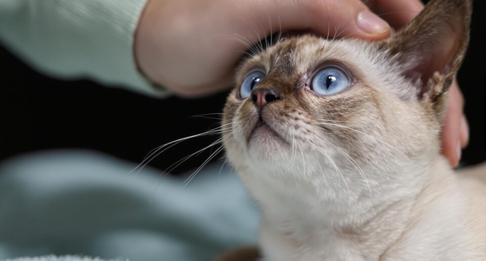 A delicate Siamese cat with blue-point coloration being gently stroked, illustrating hypoglycemia care for cats.