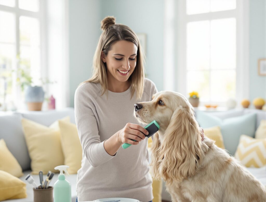 A woman gently brushes a spaniel, illustrating a connection and care, related to hypothyroidism symptoms in dogs.