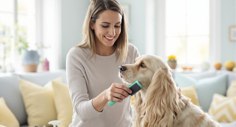 A woman gently brushes a spaniel, illustrating a connection and care, related to hypothyroidism symptoms in dogs.