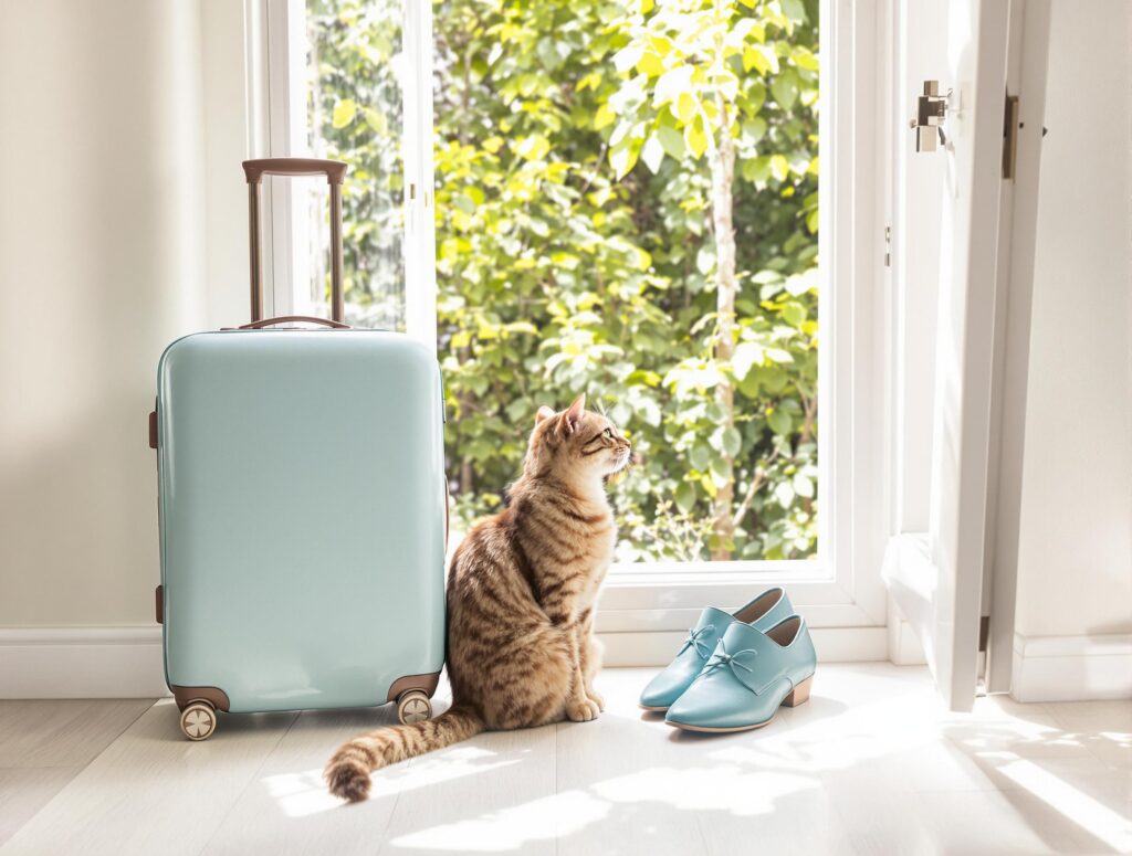 Elegant tabby cat with teal travel items by a window, highlighting indoor flea prevention.