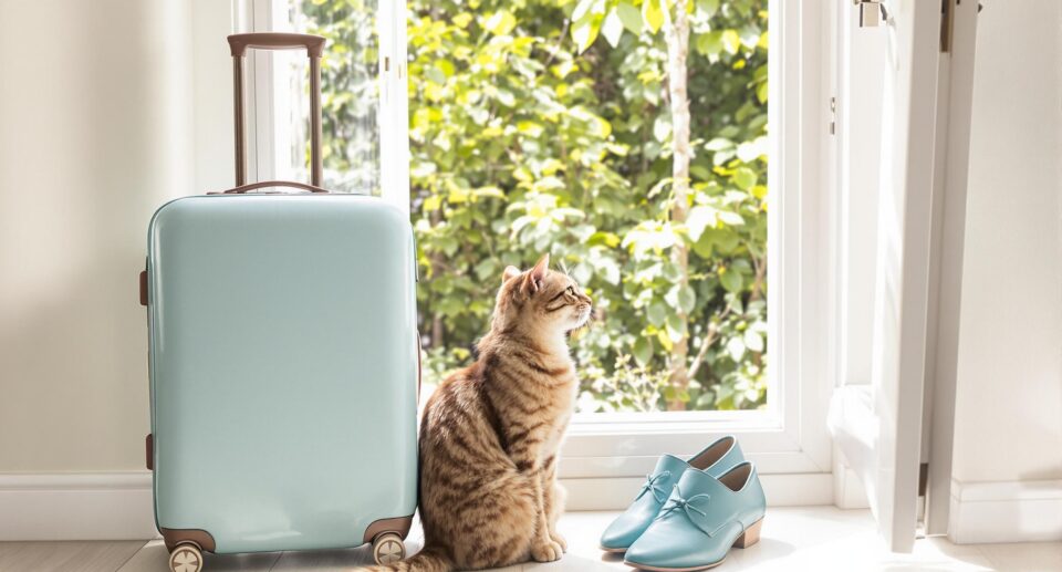 Elegant tabby cat with teal travel items by a window, highlighting indoor flea prevention.