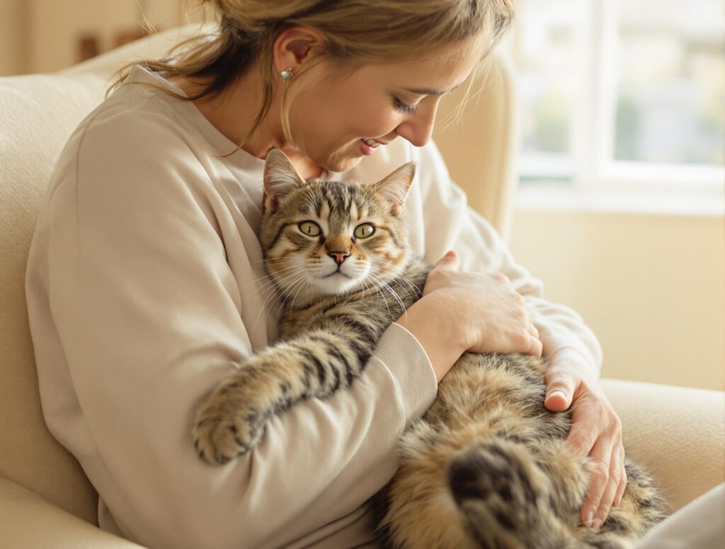 Mid-30s cat owner embraces microchipped tabby cat in a warmly lit living room, highlighting the bond and need for cat microchips.