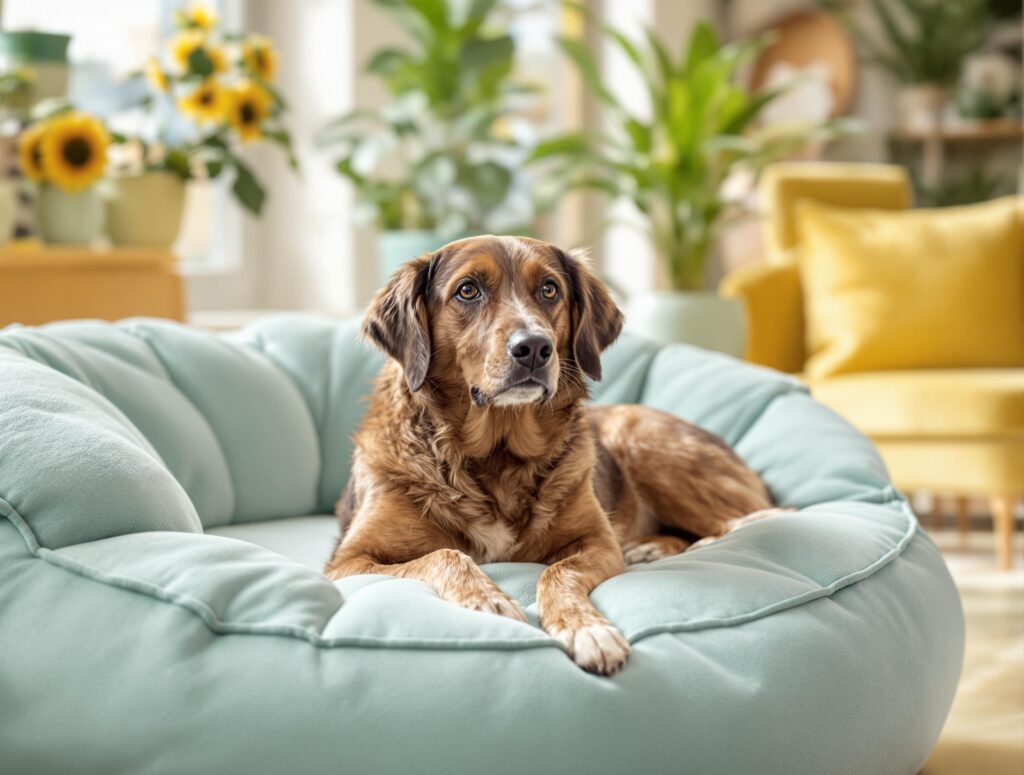 A dog lying on a couch in a plush living room