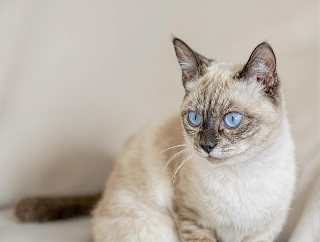 a siamese cat sitting in a plain room