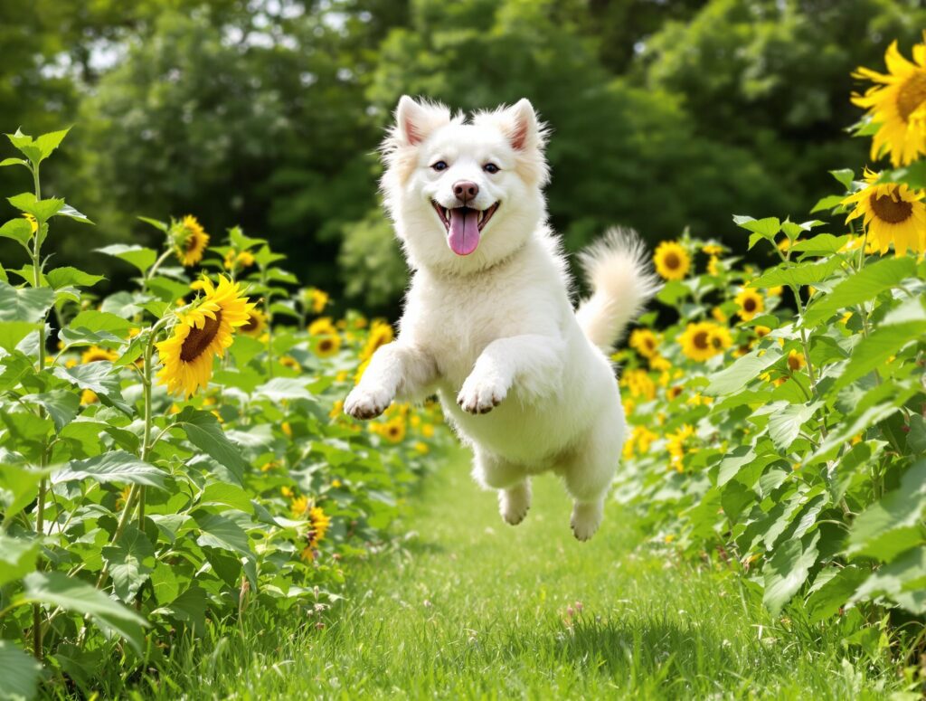 A vibrant white dog energetically leaping in a lush summer garden, embodying joy and wellness.